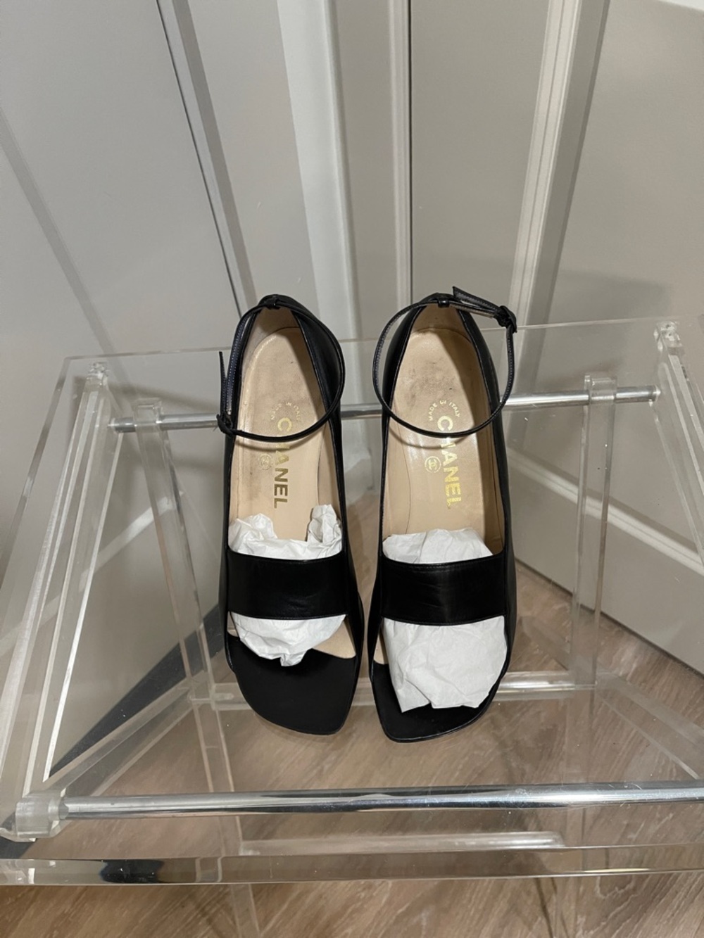 CHANEL Black Leather Square-Toe Ankle-Strap Sandals
